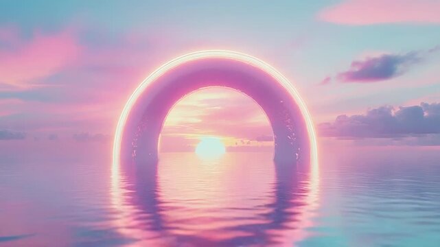Glowing arch portal reflecting tranquil pink ocean sunset - Powered by Adobe