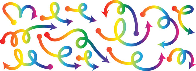 Rainbow gradient arrows with swirling shapes on white, Colorful arrow and swirl abstract collection