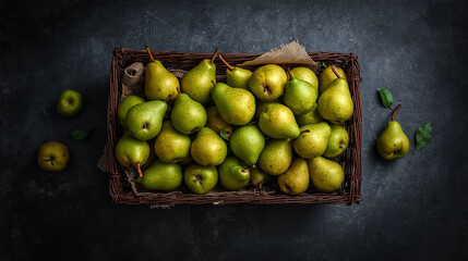 Fresh Green Pears Harvested in Rustic Woven Basket on Dark Gray Background