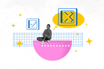 3d full artwork pop banner collage of happy businesswoman sit cross checkmark icon approval deal success decision rejection