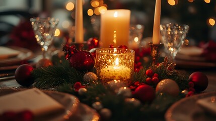 Festive holiday table, candles, Christmas decorations, elegant