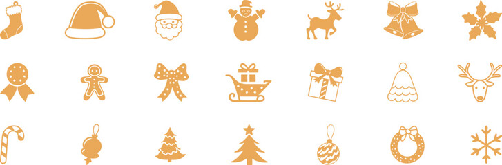 Golden  christmas icon set. holiday symbols including santa, snowman, reindeer, gifts, and trees Vector