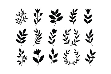 Collection of black botanical elements and floral wreaths