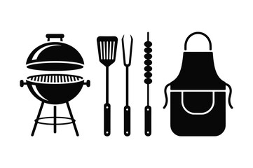Barbecue grill and accessories set, including spatula, fork, skewer, and apron