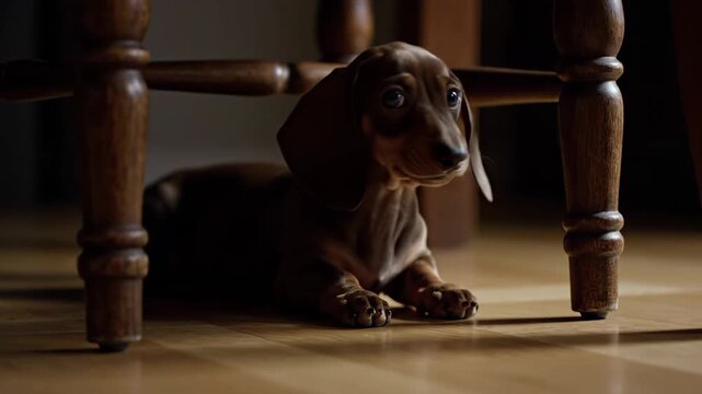 Cute brown dachshund puppy with droopy ears resting beneath a chair on a hardwood floor. The small pup appears to be exploring its surroundings with curiosity