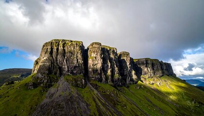 Towering rocky cliffs under dramatic cloudy sky