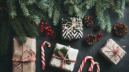 Holiday-themed flat lay with wrapped gifts candy canes