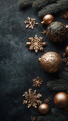 Luxury Christmas flat lay with golden ornaments on dark background