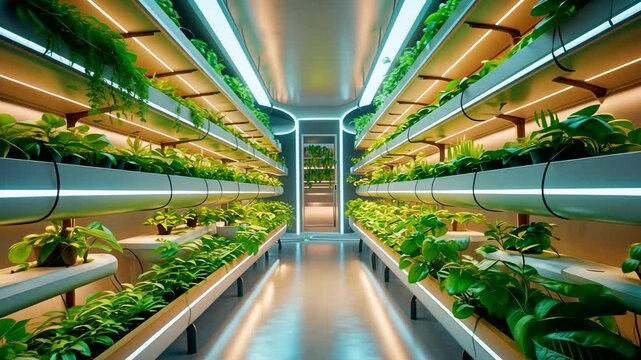 Indoor vertical farming facility with rows of leafy plants under artificial lighting