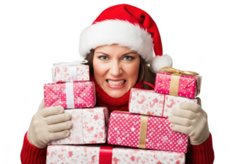 Woman wearing santa hat and red sweater, looking stressed while holding a large stack of christmas presents, isolated on transparent background