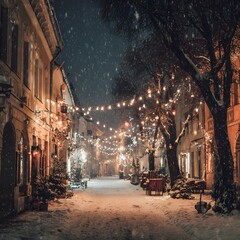 Snow-covered street with Christmas lights romantic holiday