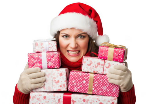 Woman wearing santa hat and red sweater, looking stressed while holding a large stack of christmas presents, isolated on transparent background