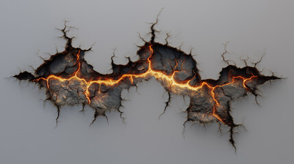 Obraz premium Hyper-realistic 3D magma fissure illusion with cracked stone edges, glowing molten lava, intense depth, dramatic lighting, and a vivid geological rupture effect designed for immersive wall illusions