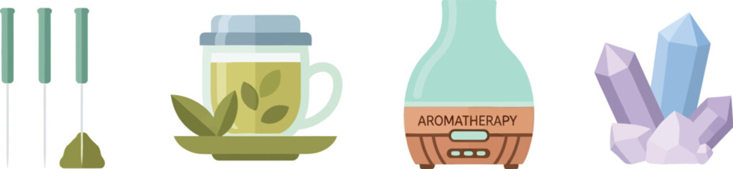 Naklejka premium Wellness essentials: acupuncture needles, herbal tea, aromatherapy diffuser, and healing crystals