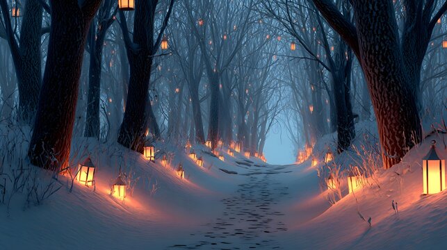 Winter forest pathway with glowing lanterns magical atmosphere