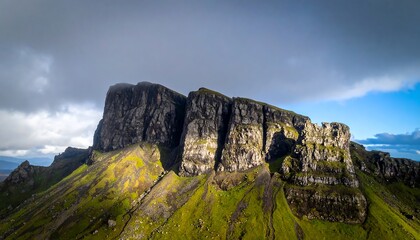 Massive rock cliffs beneath moody overcast sky