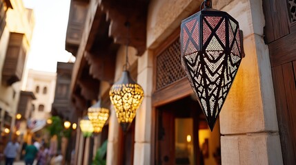 Beautifully designed decorative lanterns hang along a warm, inviting alley, showcasing intricate patterns. The soft lighting evokes a nostalgic ambiance, perfect for travel and culture themes.