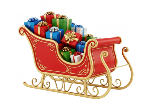 A red and gold santas sleigh overflowing with colorful christmas presents, isolated on transparent background
