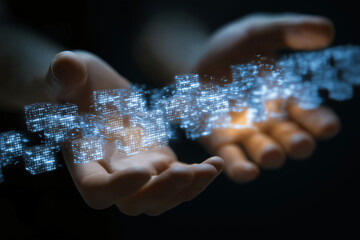 Hands holographic blockchain ledger transaction digital technology futuristic finance innovation glowing cubes network security virtual data connection modern concept abstract cyberspace