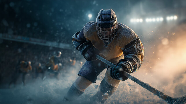 Ice hockey player in yellow jersey captured mid slapshot, stick flexing with high energy, intense focus, dramatic lighting, snowy ice arena, competitive atmosphere