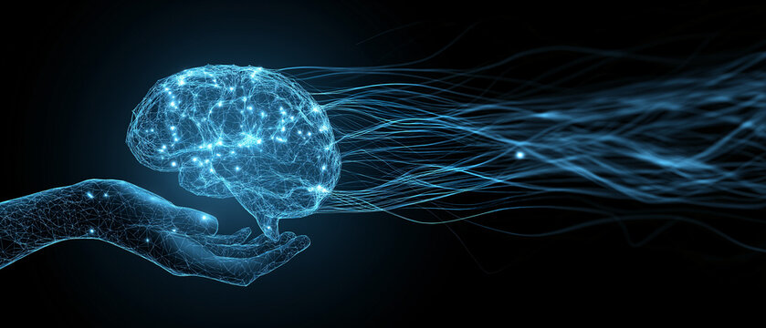 Hand brain digital network blue technology abstract glowing futuristic science�A digital hand supports glowing blue brain with network connections symbolizing futuristic technology innovation