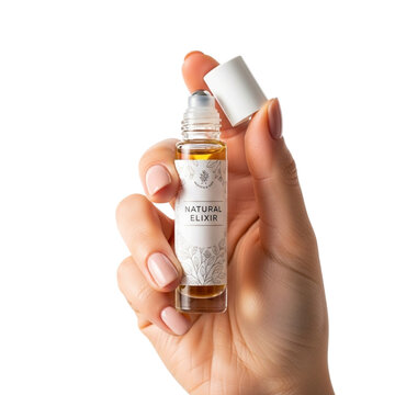 Hand holding a natural elixir roll on bottle with the cap off against close up on transparent background