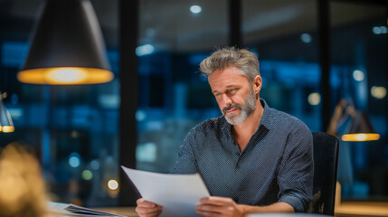 Fototapeta premium Manager report office professional business contemporary male adult document evening reviewing workplace modern desk confident focus analysis executive leadership planning strategy corporate
