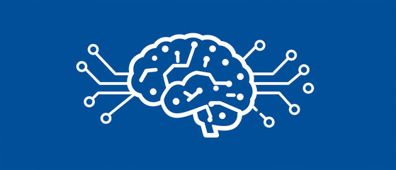 Digital brain network icon, artificial intelligence concept, white circuit lines connect to brain shape on blue background, symbolizing innovation and technology integration