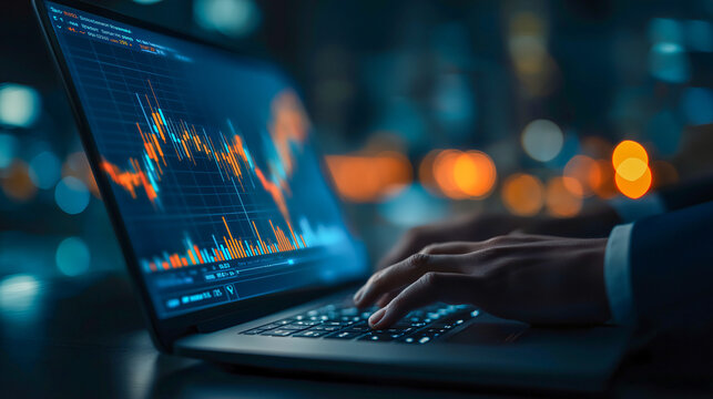 Professional analyzing financial data on laptop with glowing chart, modern office at night, focused atmosphere, digital technology, investment, business growth, success