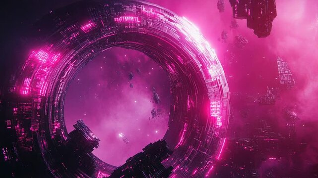 Futuristic circular space station orbiting a pink nebula