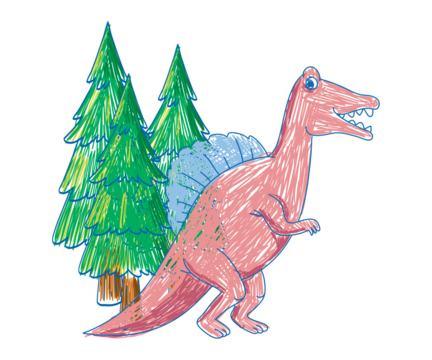 Pink Spinosaurus Dinosaur with Trees on Black Background - Powered by Adobe