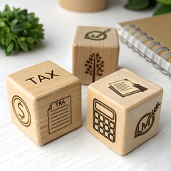 Wooden Cubes Engraved with Tax, Document and Calculator Icons – Financial Planning Concept