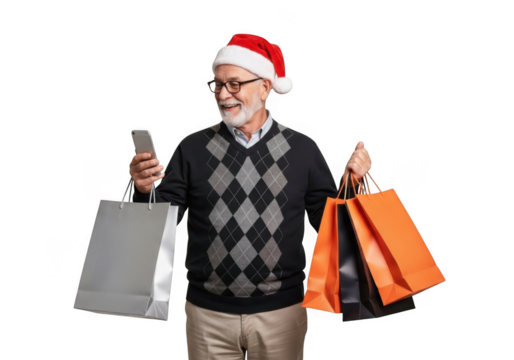 Elderly man with santa hat holding shopping bags and smartphone isolated on transparent background
