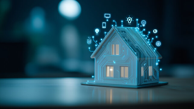 Smart home concept blue house model digital circuit pattern glowing technology icons futuristic innovation modern living connected devices artificial intelligence
