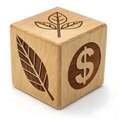 Wooden Cube with Leaf and Dollar Symbol – Eco Finance Concept on White Background