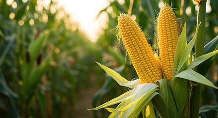 Ripe corn cobs in a field at sunset corncob maize agriculture crop harvest yellow food plant farming countryside rural nature outdoors
