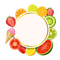 Tropical fruits and ice cream frame background