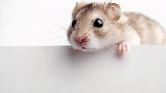 A closeup of a hamster peeking out from behind a white surface. The hamsters fur is a mix of light brown and white, with a hint of pink on its paws.