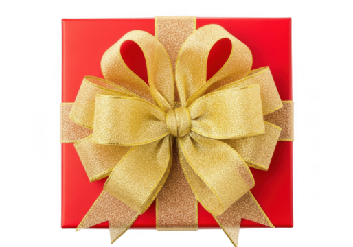 Red gift box with a large golden bow isolated on transparent background