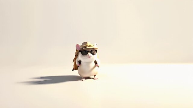 3D rendered mouse character with backpack and hat, wearing sunglasses and a hat, standing upright with arms at its sides. The mouse is white with pink ears and is wearing a brown hat and sunglasses.
