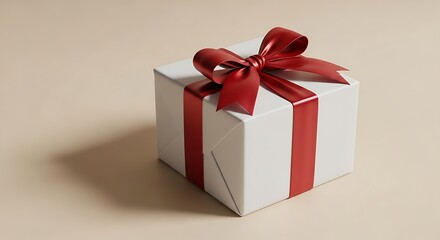 Obraz premium Elegant white gift box with luxurious red ribbon bow, perfect for any celebration
