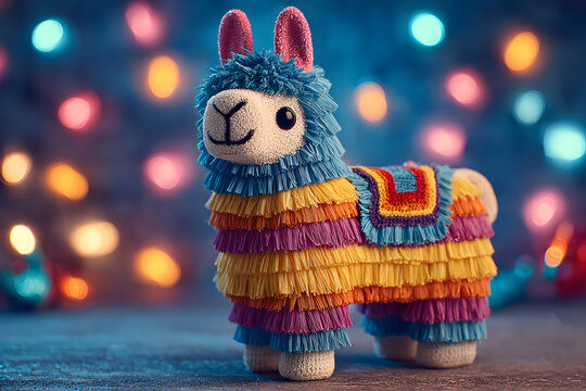 pi&ntilde;ata navide&ntilde;a, pi&ntilde;ata de cumplea&ntilde;os, colorida, fondo azul con luces brillantes, celebracion, fiesta, ni&ntilde;os, dulces, alegria, celebrando