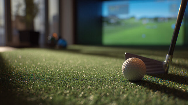 A golf ball and club resting on artificial turf in front of a golf simulator screen indoors