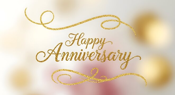 Elegant golden happy anniversary greeting with swirls and bokeh