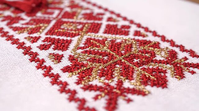 Intricate Ukrainian embroidery showcasing vibrant red and gold threads adorning crisp white linen fabric. Close up shot highlighting the exquisite vyshyvanka stitching and charming folk motifs