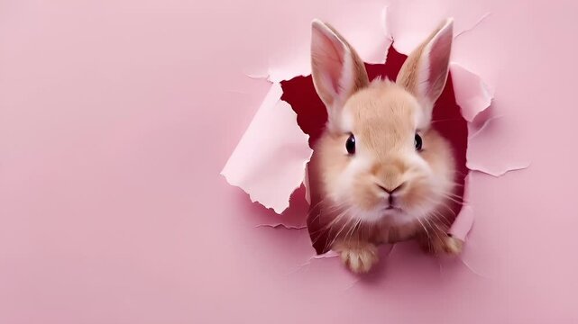 A closeup of a rabbit peeking out of a torn piece of paper. The rabbits fur is a soft beige color, and its ears are perked up, giving it an alert and curious expression.