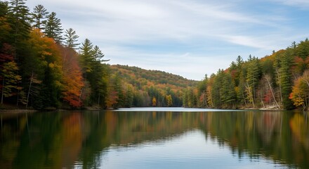 Autumn lake reflection with colorful forested hills