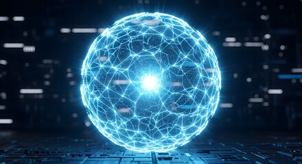 Glowing blue digital sphere represents futuristic technology and data