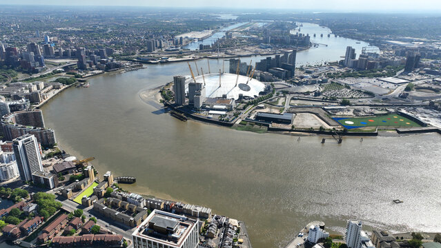 Aerial drone photo of scenic village of Greenwich and Peninsula of Northern part, London, United Kingdom