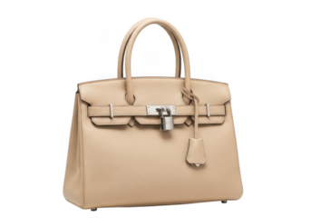 A luxurious beige leather handbag with silver hardware, isolated on transparent background